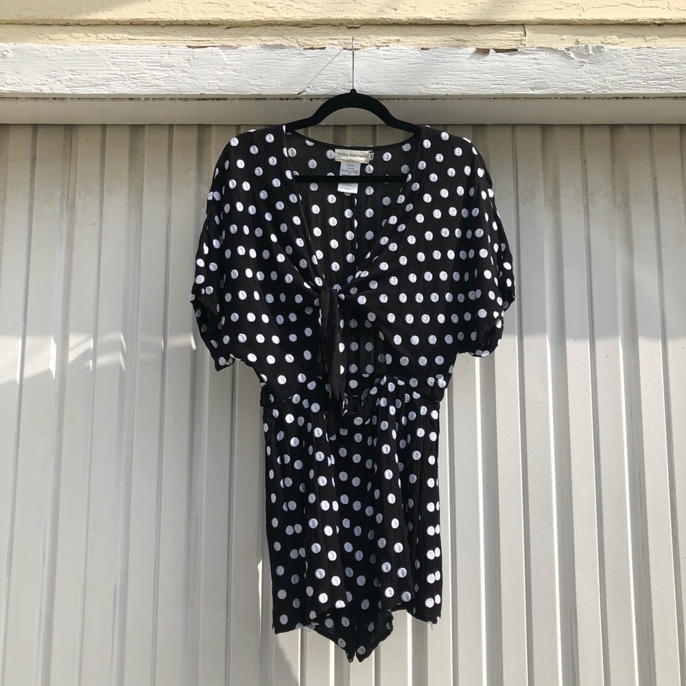 Mara Hoffman black polka dot tie front romper